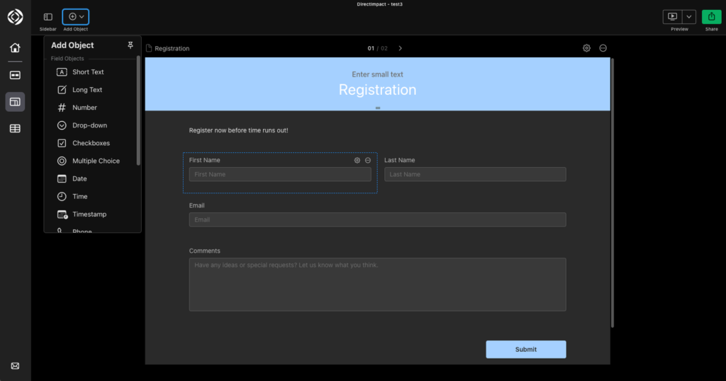 Example of a registration form using Claris Studio