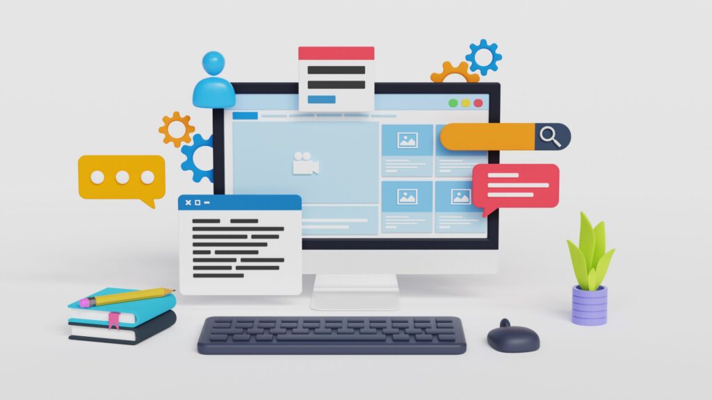 3d web design concept, web development, application design, coding, and web building on white background. 3d illustration