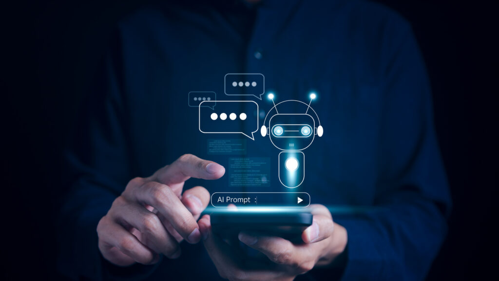 chat with ai, artificial intelligence. by enter command prompt for generates, a man using smartphone for work. chatting with an intelligent ai asks for the answers he wants. chat bot to help business,
