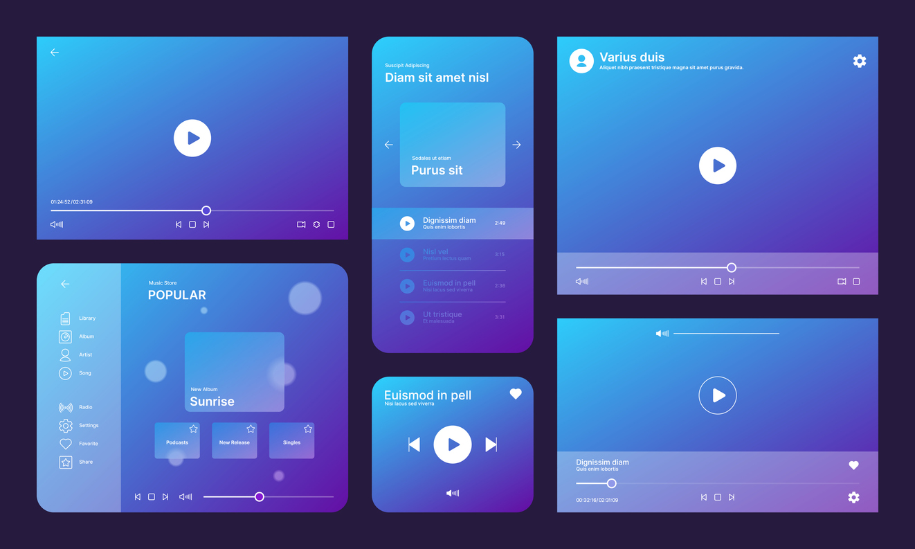 audio player ui. video media ux interface template app icons garish vector web design illustrations collection set