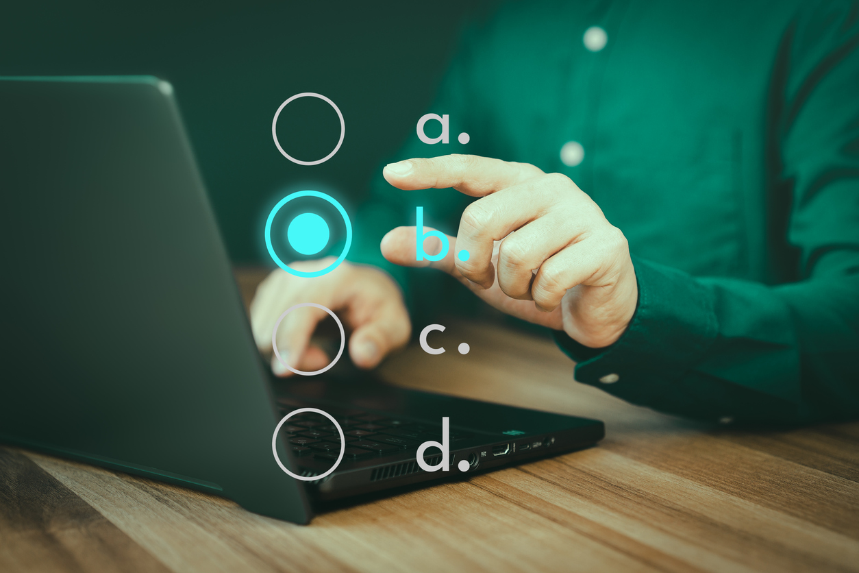 adult man using a laptop tick correct sign mark for document approval and checklist planning concept. take an assessment, evaluation, test, education, questionnaire, online survey online exam.