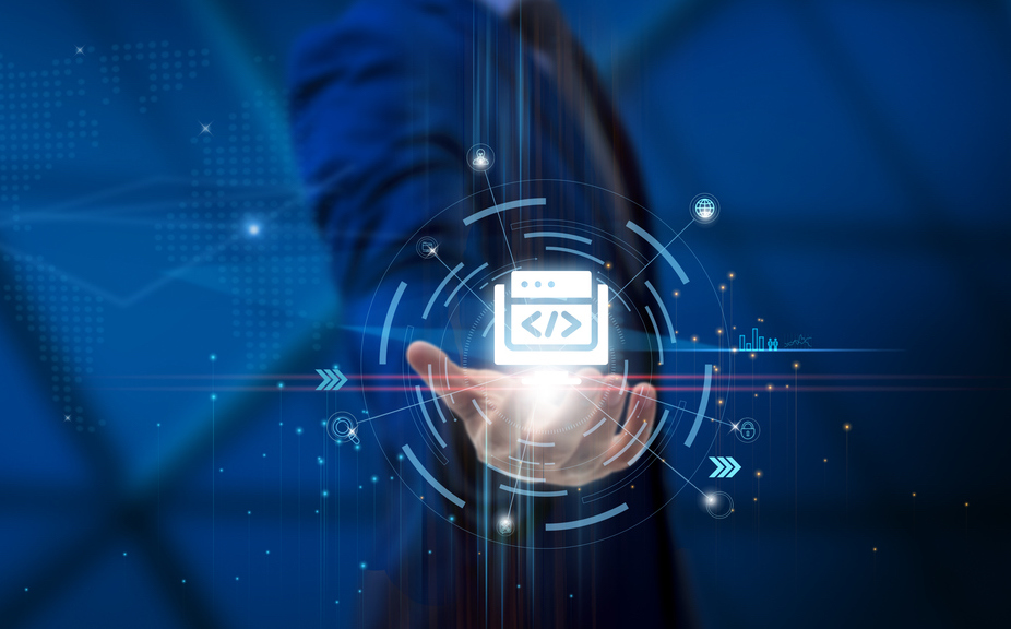 web development: innovation, creativity, coding mastery, user experience, businessman hold web development icons on global structure network and technological interface.