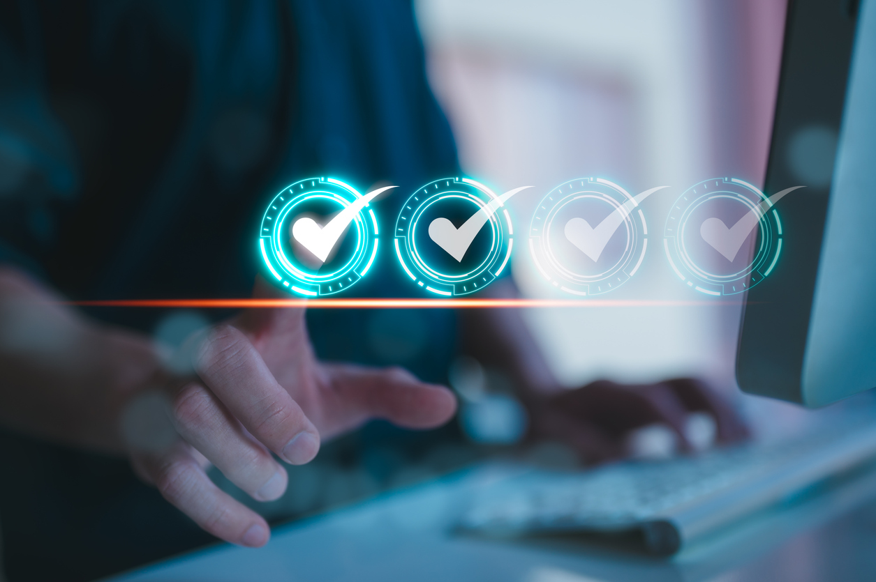 devops concept, software development, it operations, agile programming, businessman hand tick correct sign mark in checkbox quality document control checklist and business approve project concept