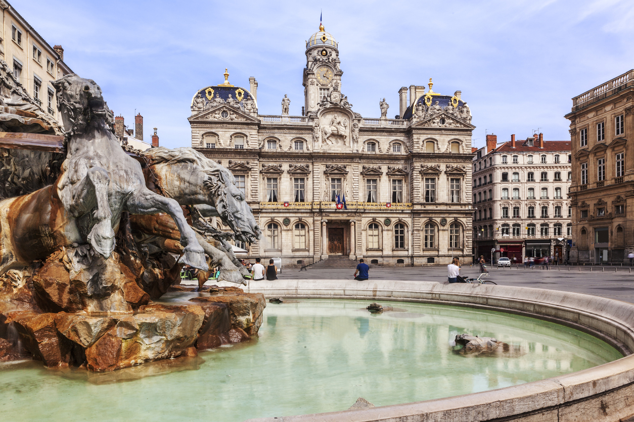 the terreaux square with fountain in lyon city