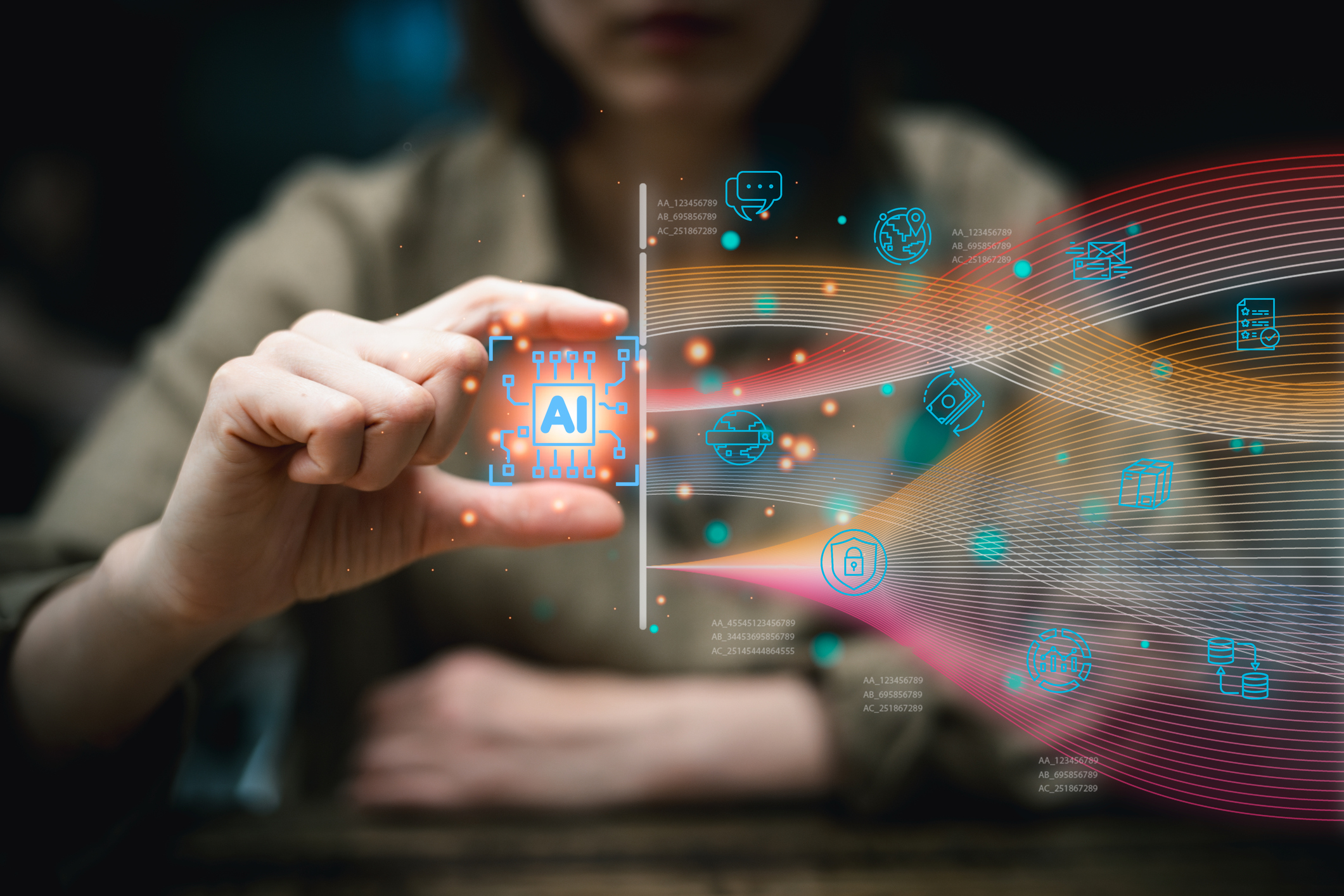 digital technology, businesswoman holding on ai to command search business information, work in e commerce, freelancer, internet network and cybersecurity of data center.