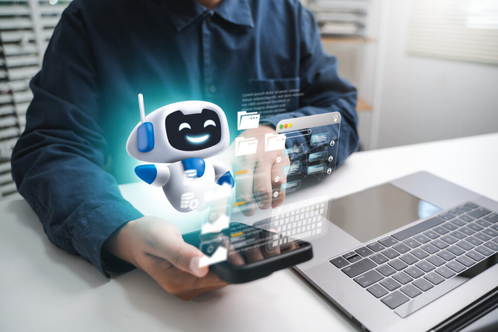 AI content creation tools: Man uses laptop with AI assistant for graphic design, translation, chatbot, image creation, coding, and advertising.